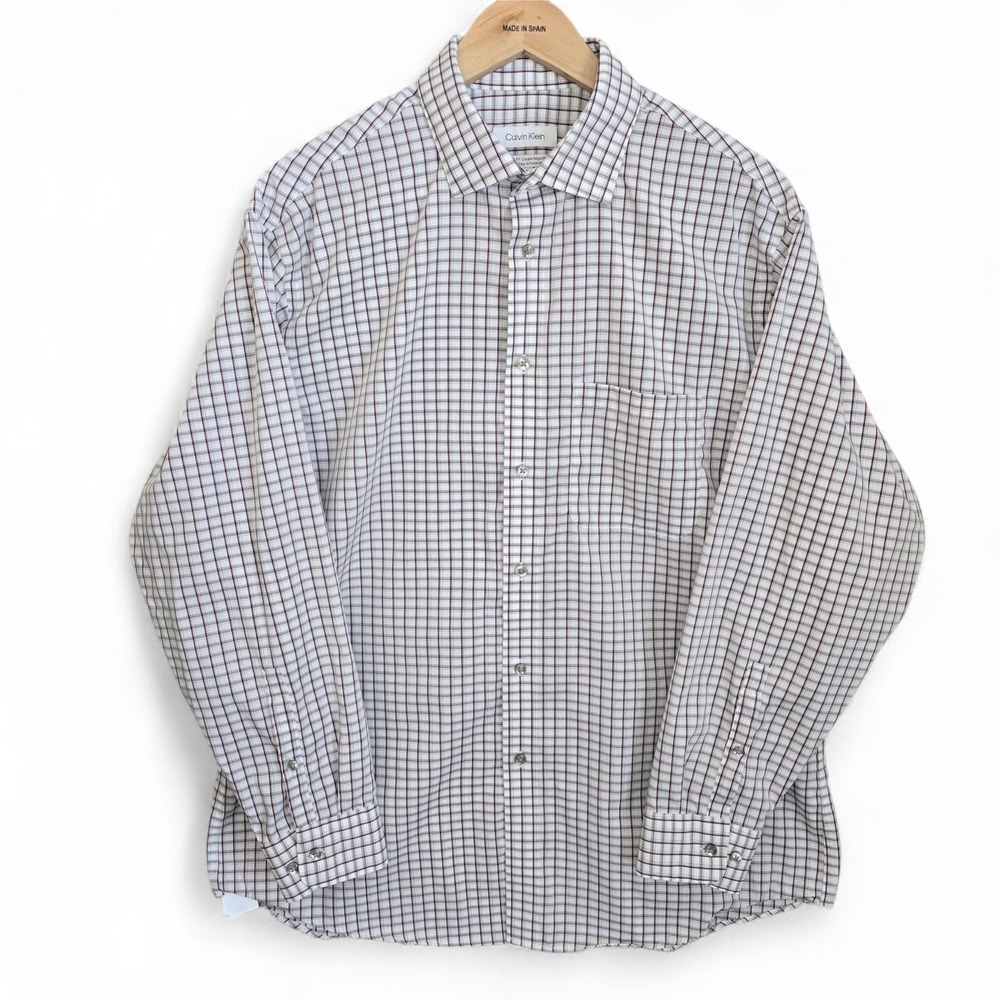 Calvin Klein Dress Shirt Mens 16.5 32/33 Large Gray Burgundy Button Regular Fit
